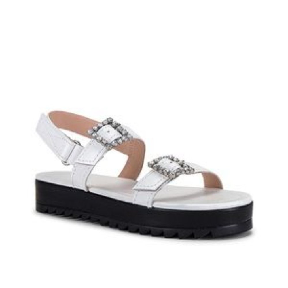 SCHUTZ Ruth Platform Sandal Crystal Embellished Buckles White Leather Size 9.5